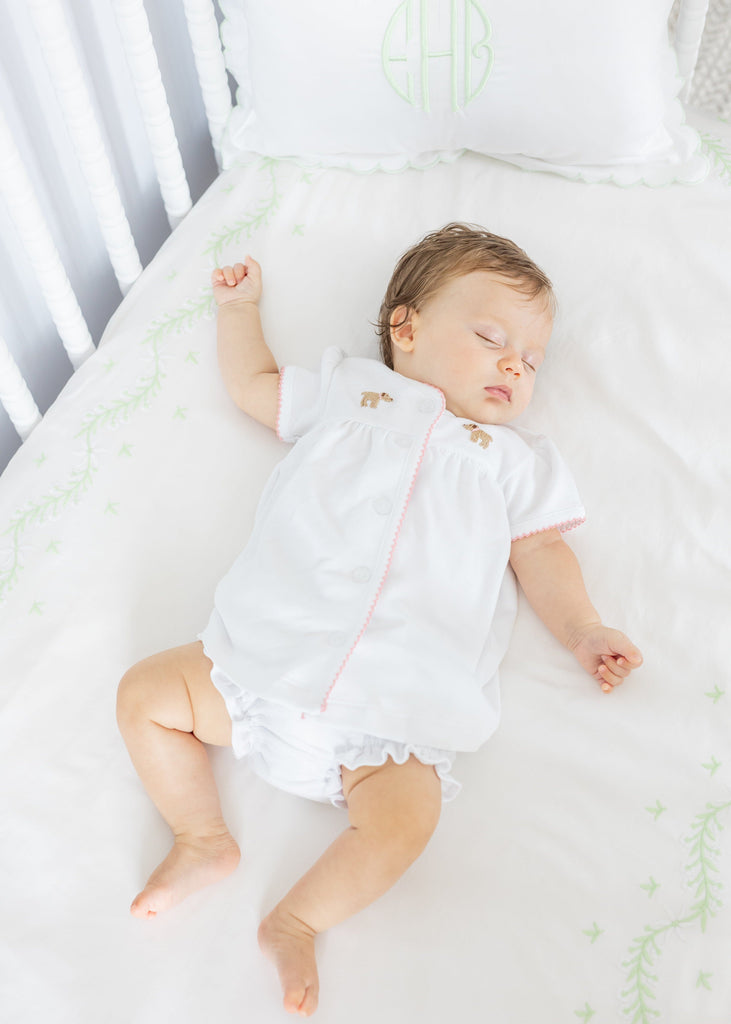 Little English traditional children's clothing.  Girl lab applique white knit set with short sleeve top and diaper cover for baby girls with light pink trim