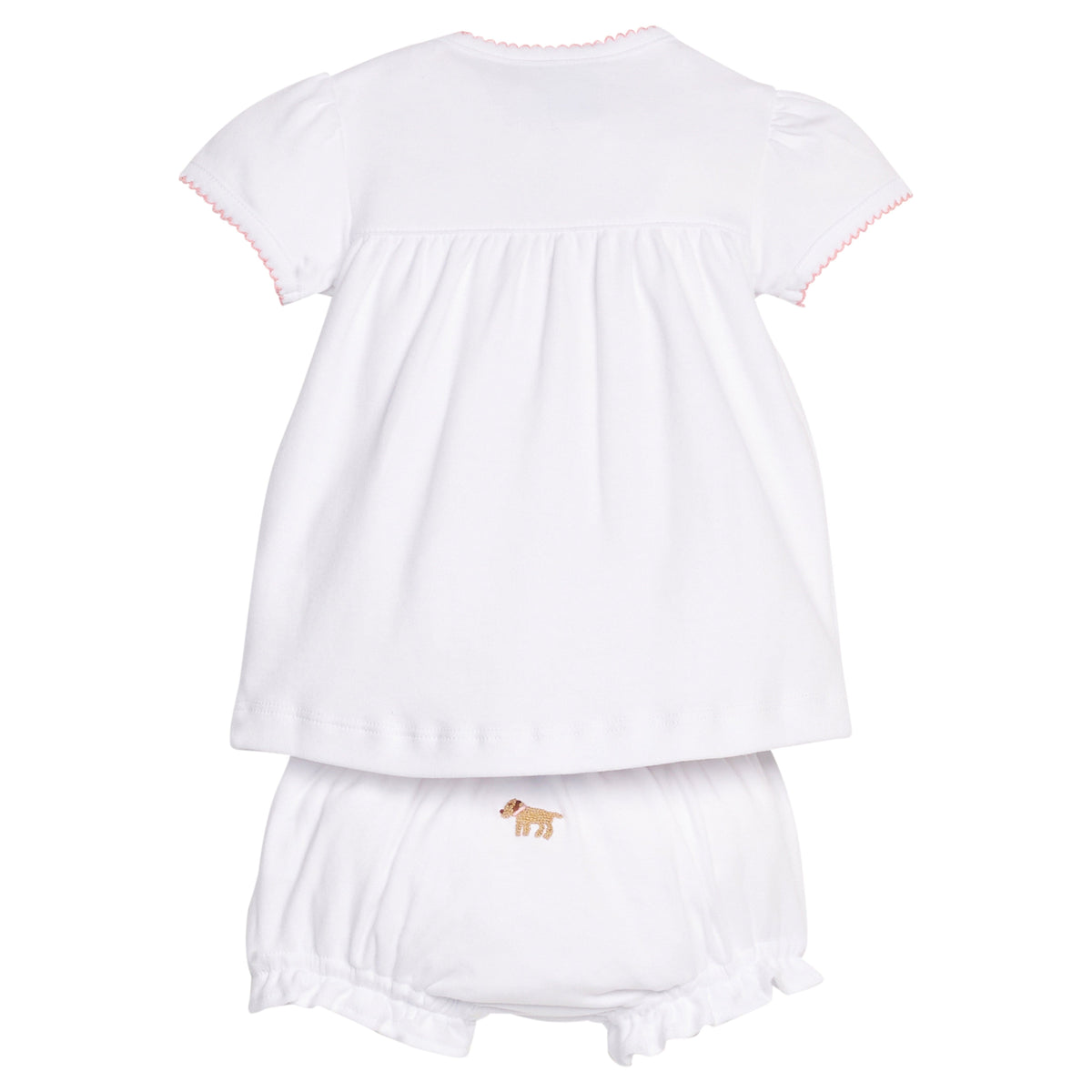 Little English traditional children's clothing.  Girl lab applique white knit set with short sleeve top and diaper cover for baby girls with light pink trim