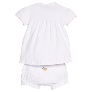 Little English traditional children's clothing.  Girl lab applique white knit set with short sleeve top and diaper cover for baby girls with light pink trim