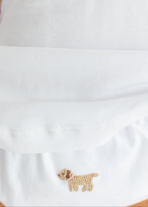 Little English traditional children's clothing.  Girl lab applique white knit set with short sleeve top and diaper cover for baby girls with light pink trim