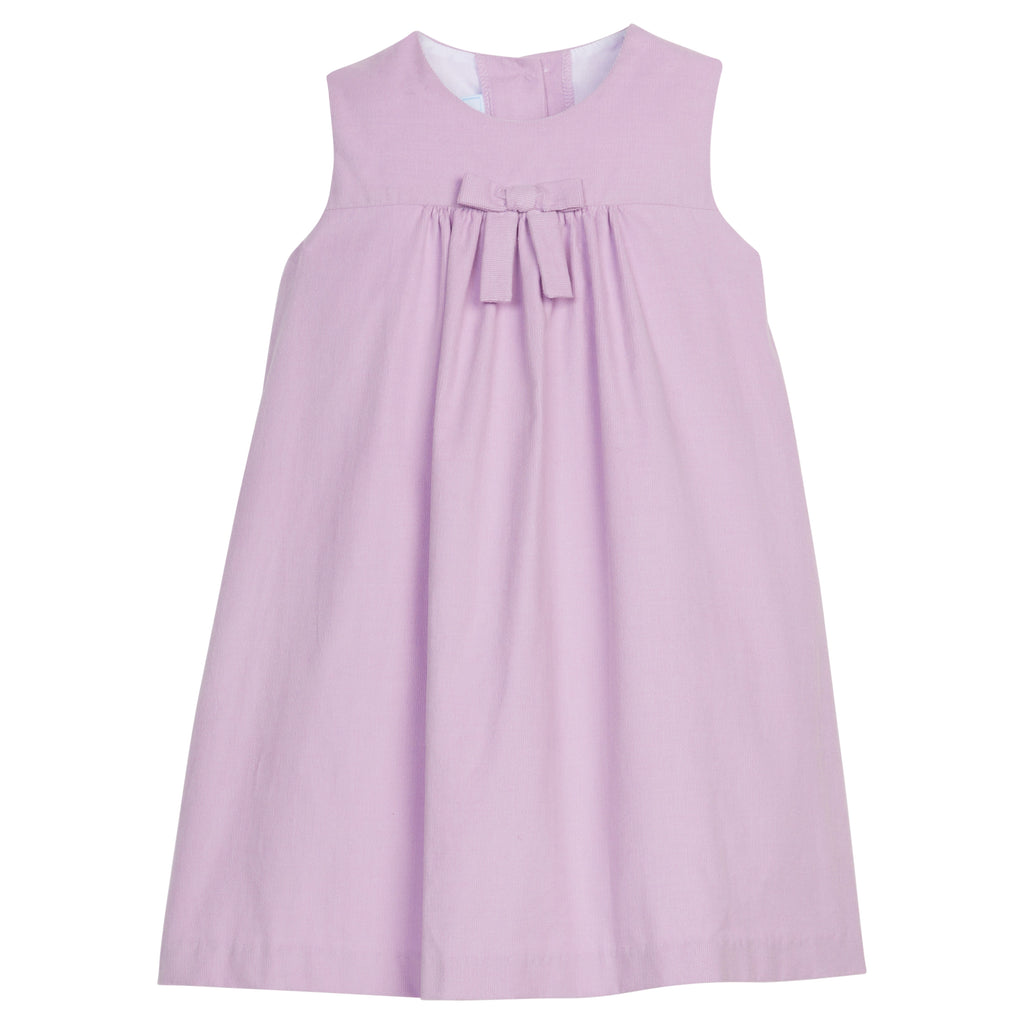 little english classic children's clothing, lavender corduroy sleeveless pleated jumper with a fixed bow on the chest for little girls