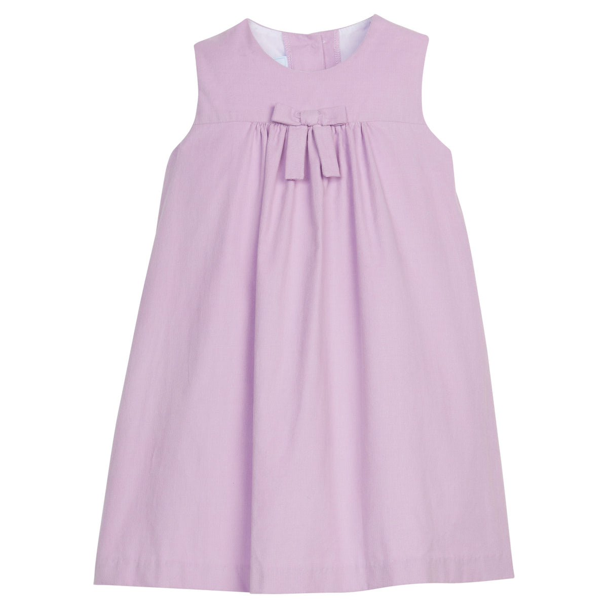 little english classic children's clothing, lavender corduroy sleeveless pleated jumper with a fixed bow on the chest for little girls