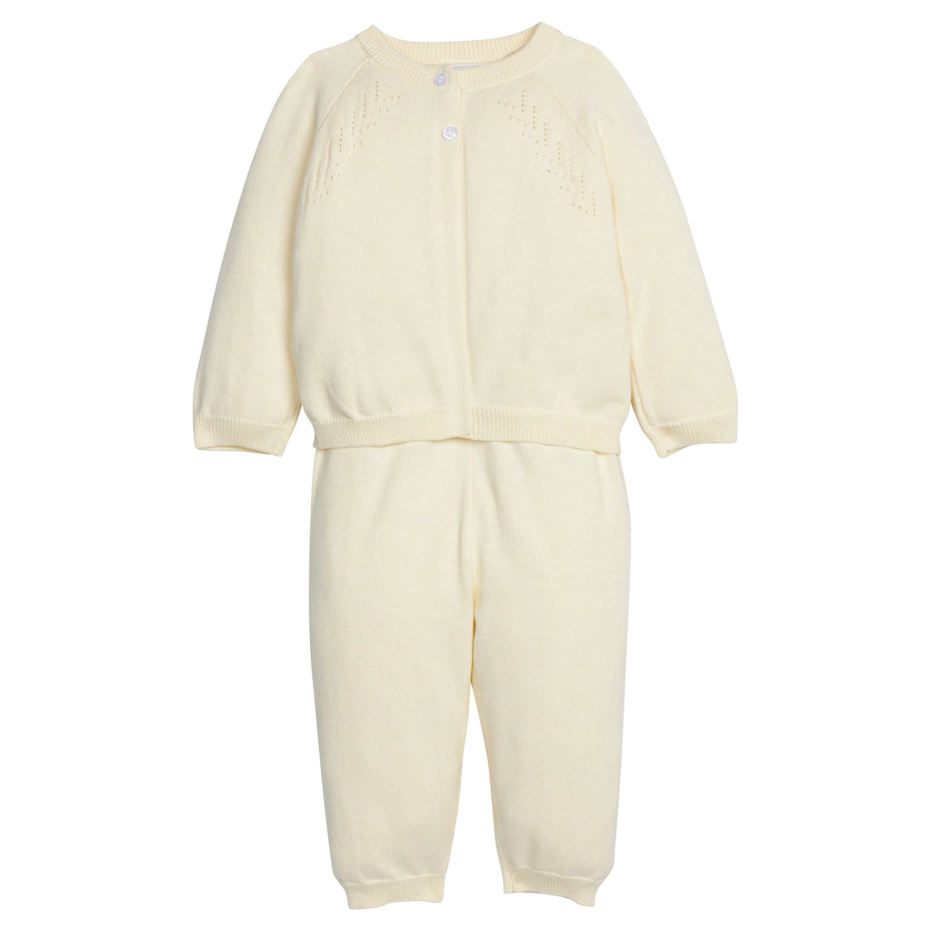Little English traditional children's clothing. Long sleeve and long pant cream pointelle sweater set for baby.