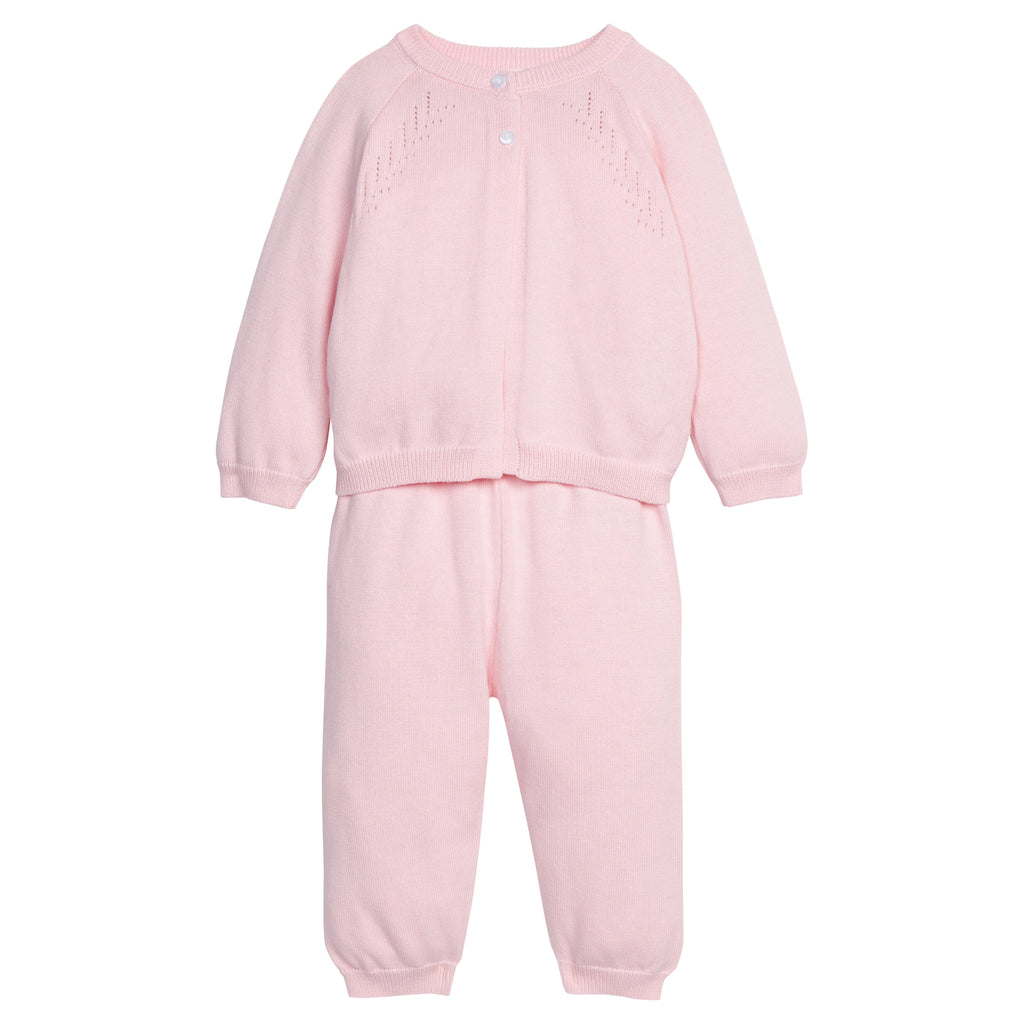 Little English traditional children's clothing. Long sleeve and long pant pink pointelle sweater set for baby girls.