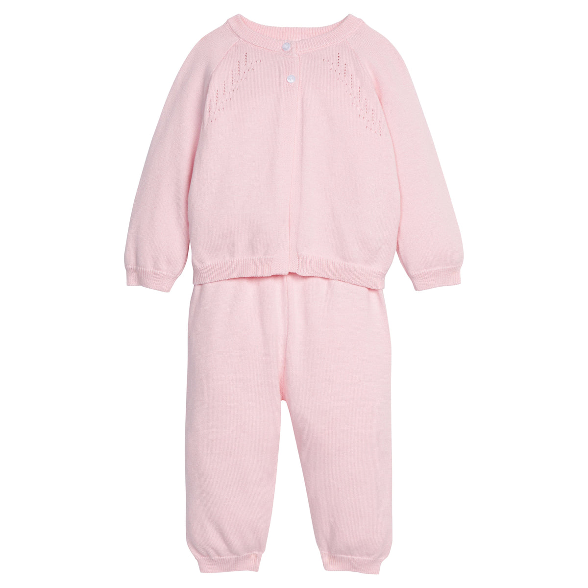 Little English traditional children's clothing. Long sleeve and long pant pink pointelle sweater set for baby girls.