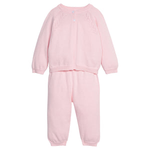 Little English traditional children's clothing. Long sleeve and long pant pink pointelle sweater set for baby girls.