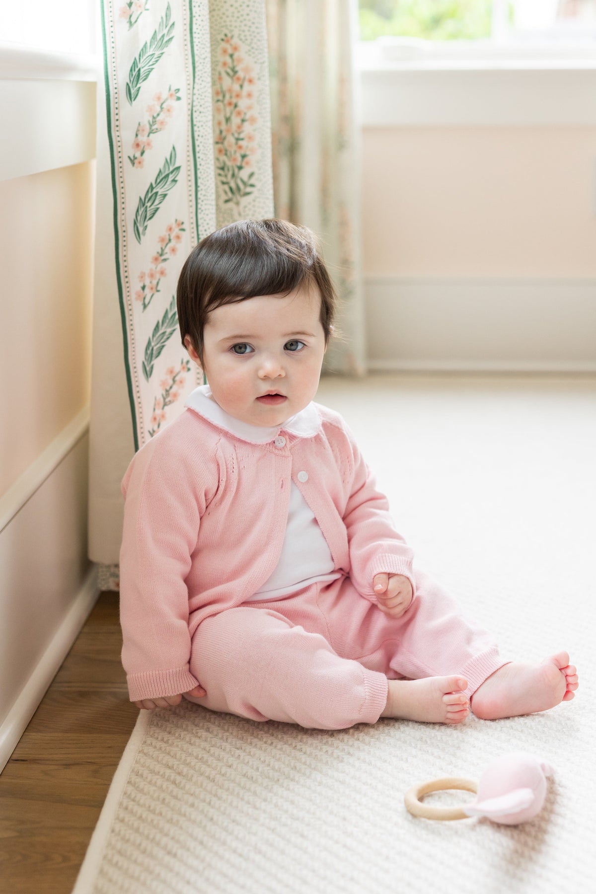Little English traditional children's clothing. Long sleeve and long pant light pink pointelle sweater set accompanied by a picot peter pan onesie with light pink trim for baby girl