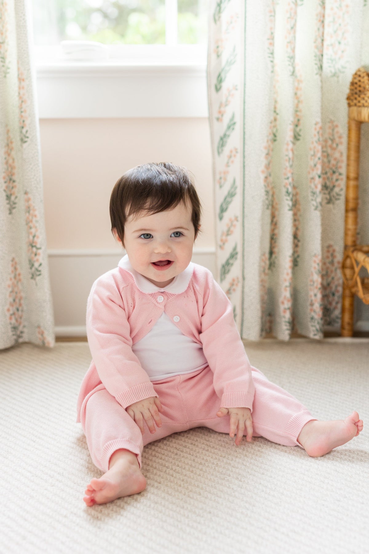 Little English traditional children's clothing. Long sleeve and long pant light pink pointelle sweater set accompanied by a picot peter pan onesie with light pink trim for baby girl
