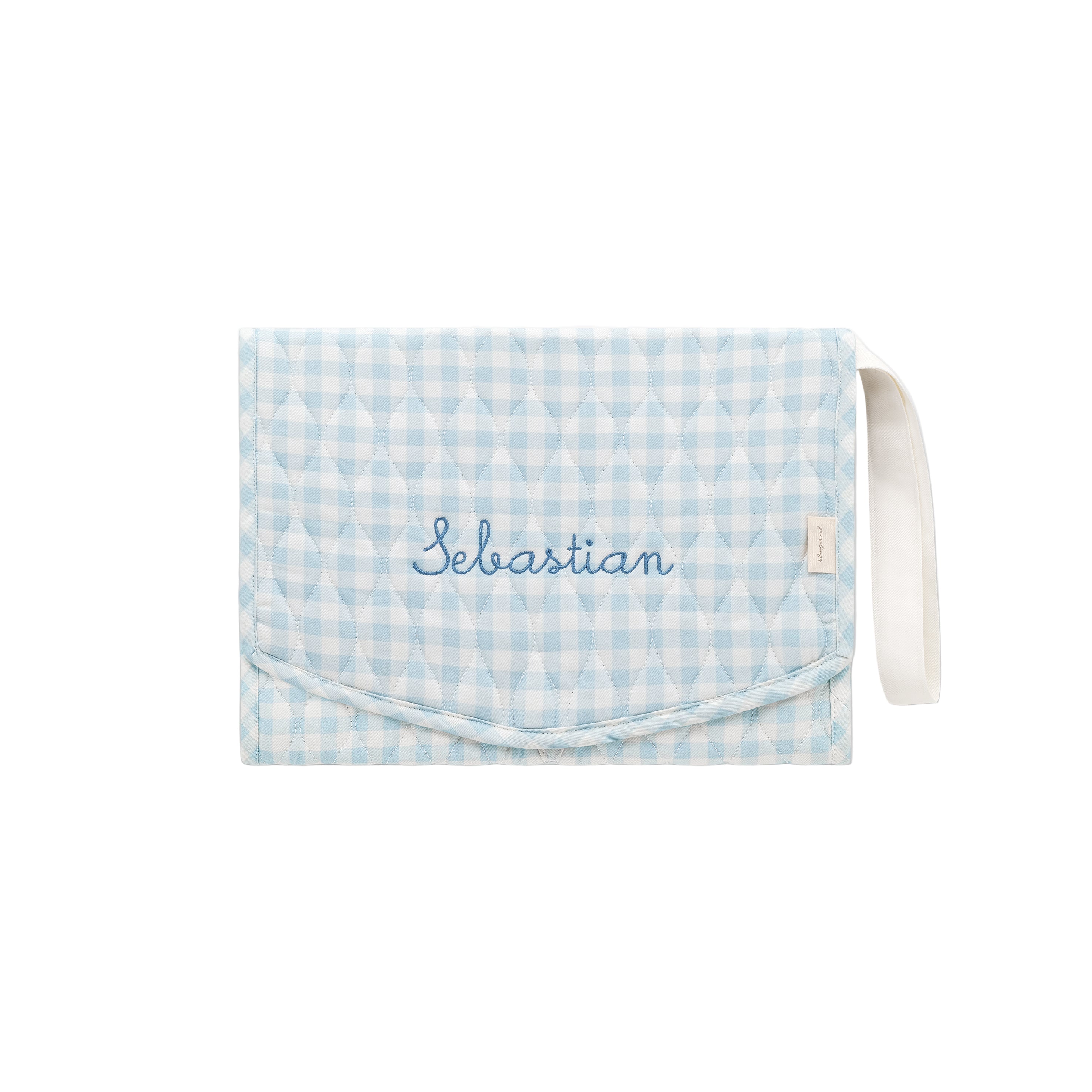 Portable Changing Pad in Blue Gingham with "Sebastian" embroidered on the front.