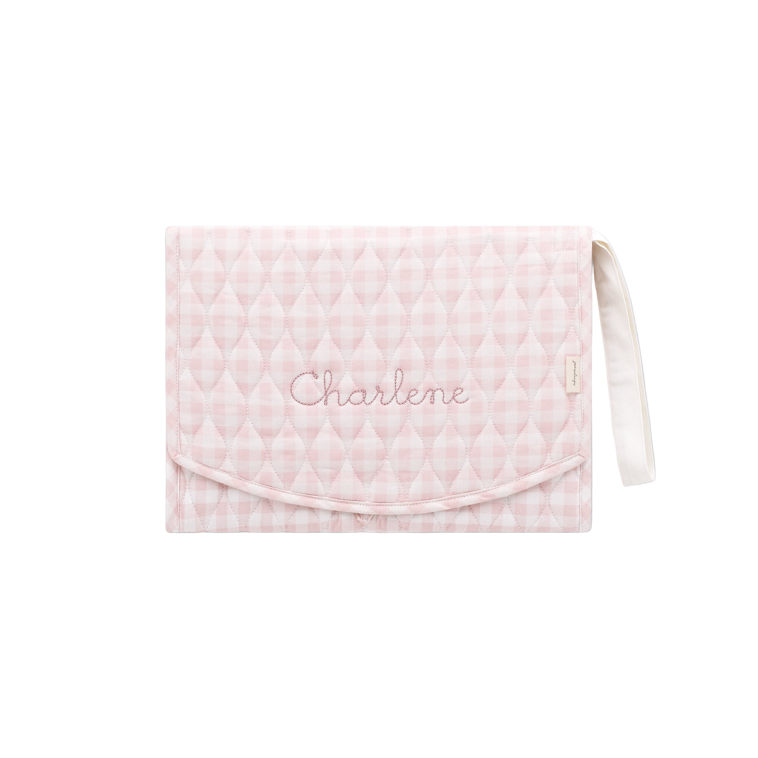 Portable Changing Pad in Pink Gingham with "Charlene" embroidered on the front.