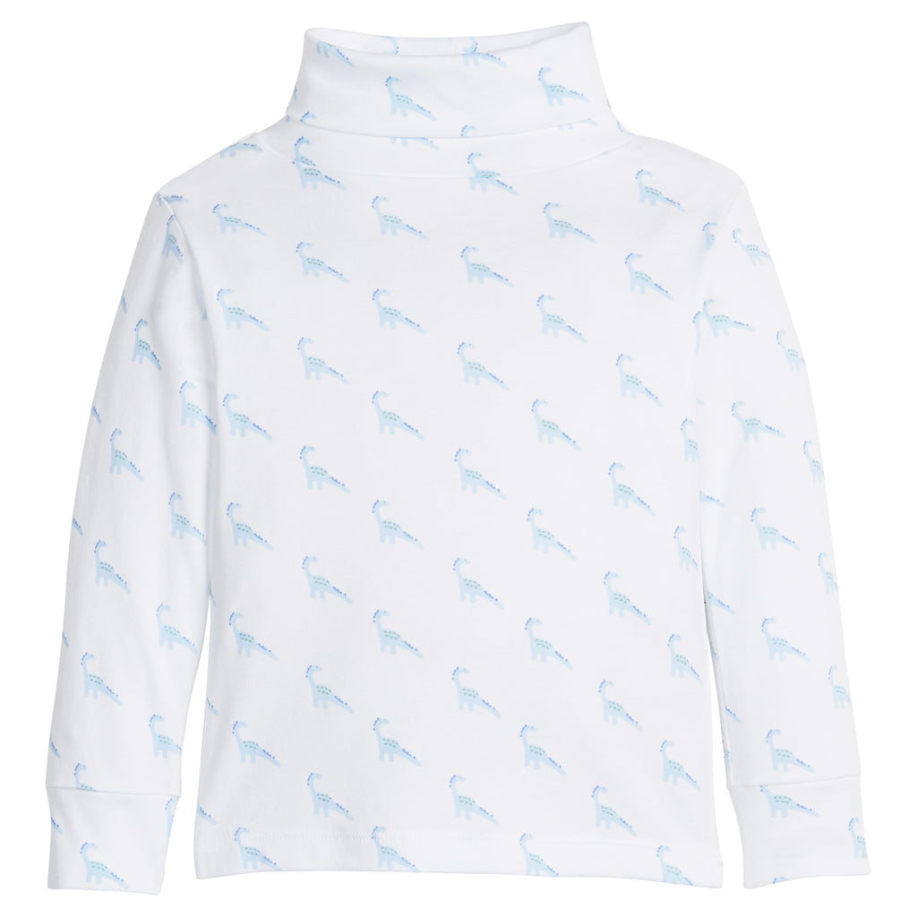 little english classic children's clothing boys white turtleneck with blue dinosaur print
