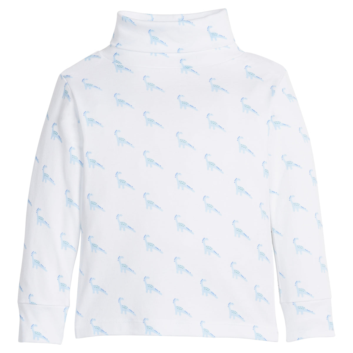 little english classic children's clothing boys white turtleneck with blue dinosaur print