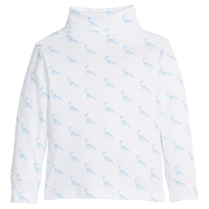 little english classic children's clothing boys white turtleneck with blue dinosaur print