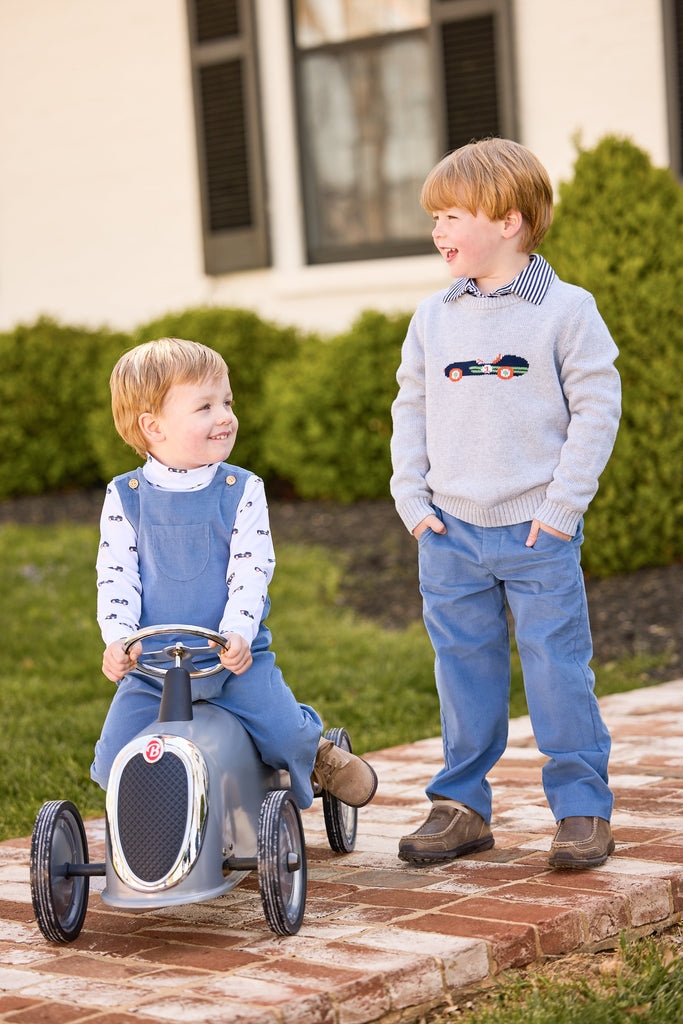 little english classic children's clothing, coordinating brother look with vintage racecar motifs and stormy blue corduroy pieces, outfits for fall