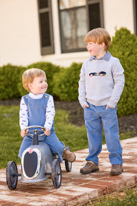 little english classic children's clothing, coordinating brother look with vintage racecar motifs and stormy blue corduroy pieces, outfits for fall