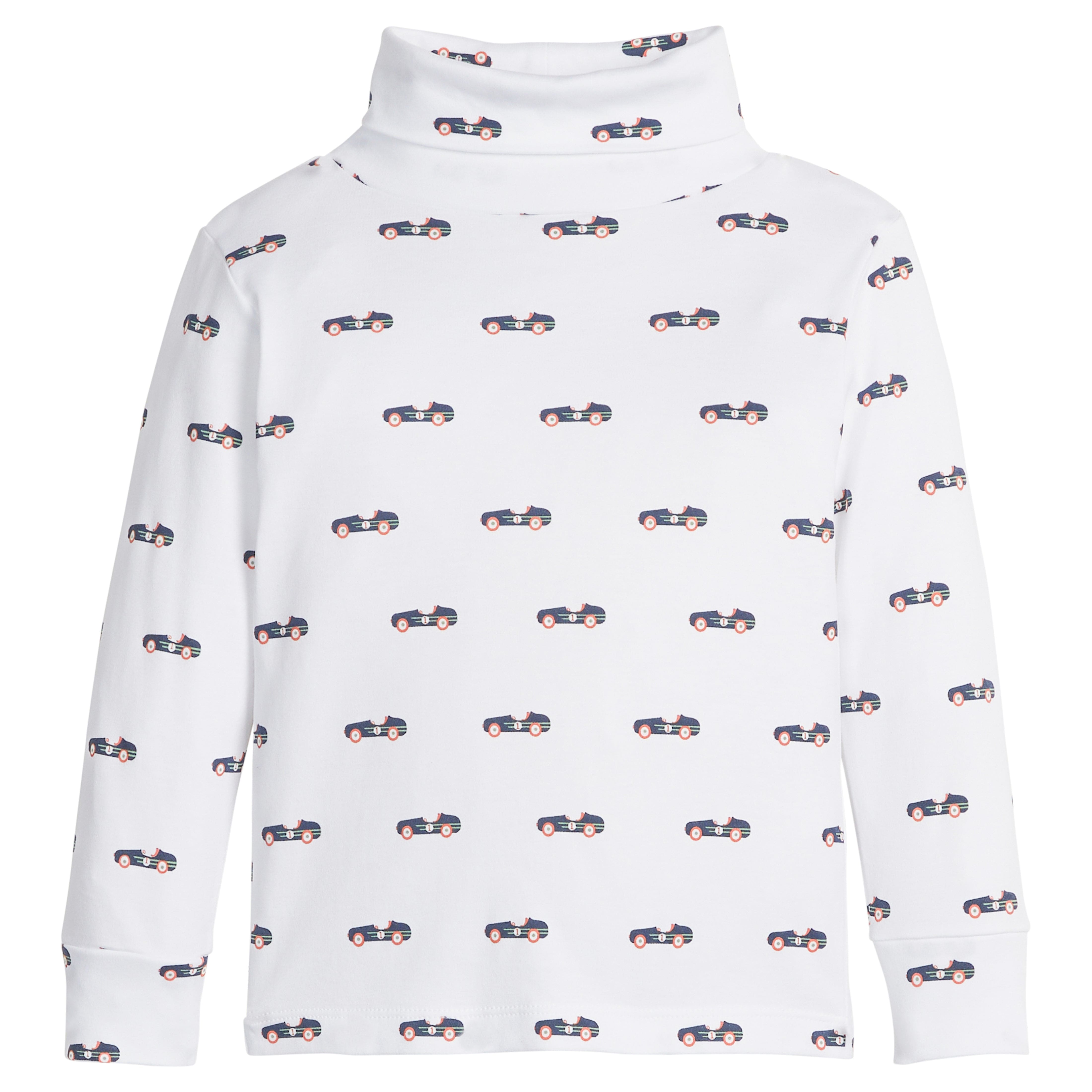 little english classic children's clothing boys white turtleneck with navy vintage race car print