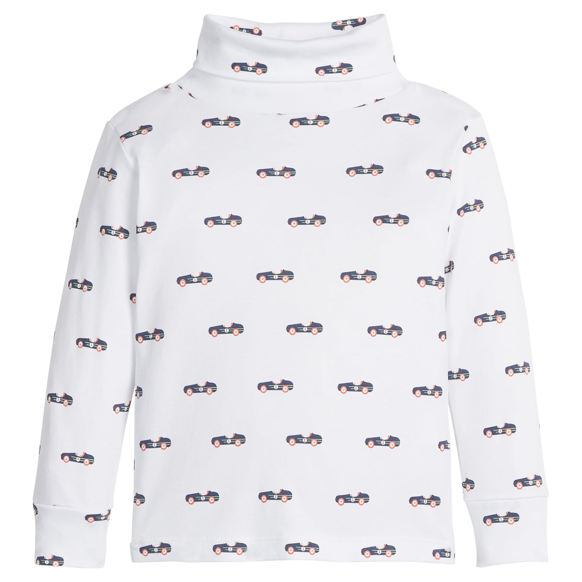 little english classic children's clothing boys white turtleneck with navy vintage race car print