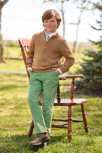 little english classic children's clothing boys chestnut brown quarter zip sweater, white button down shirt, classic pant in watercress green corduroy, neck tie in watercress gingham, outfit for fall