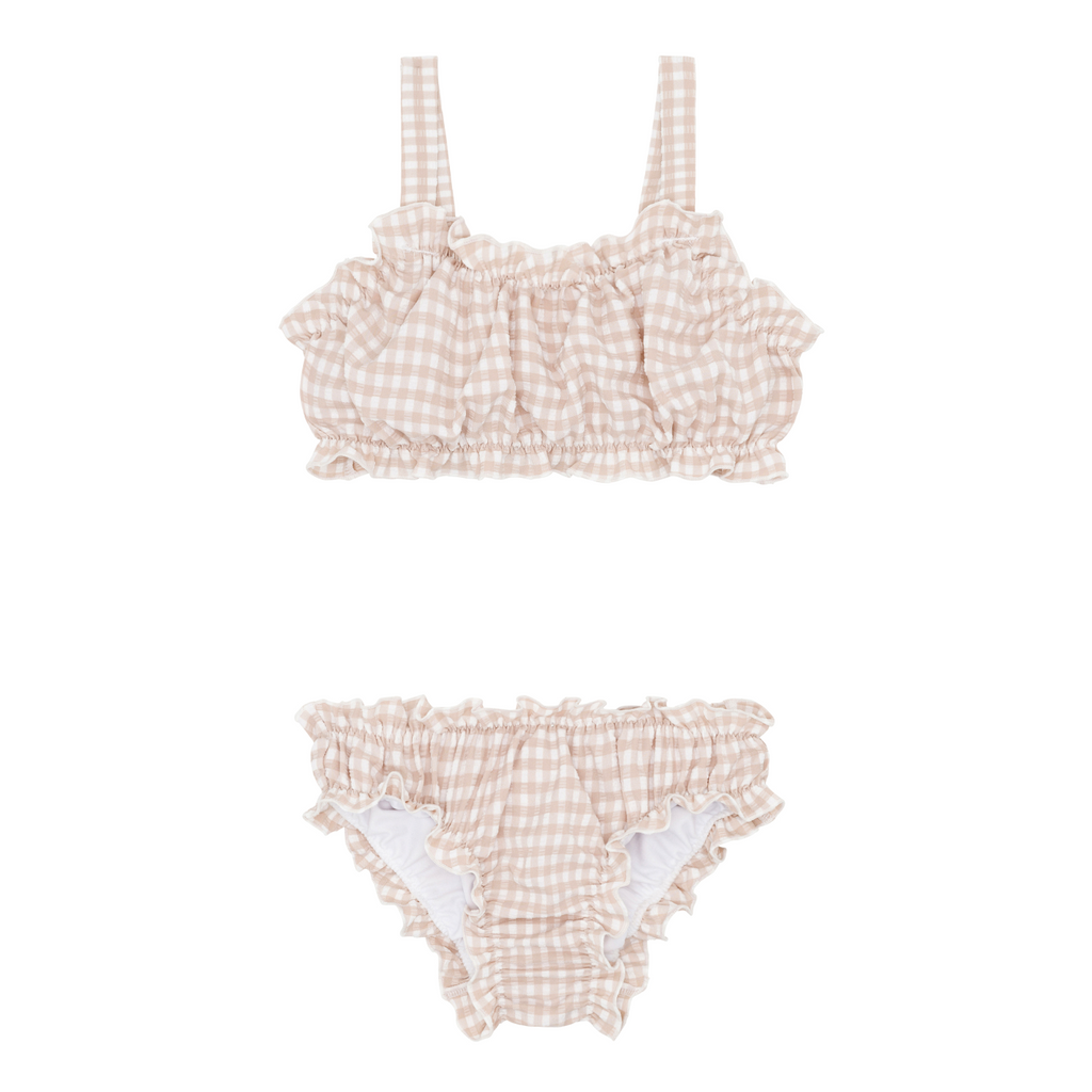 Girls Brown Crinkle Gingham Ruffle Edge Bikini