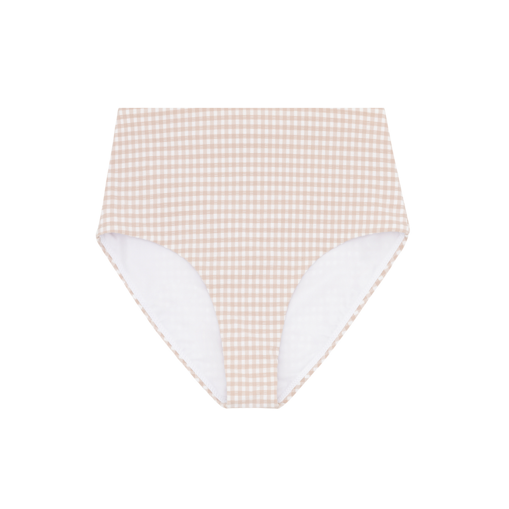 Women's Brown Crinkle Gingham High Waisted Bikini Bottom