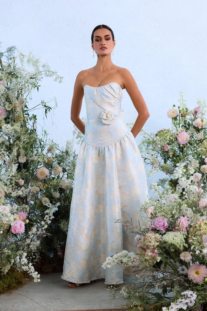 The Rosamund Dress in Sky Windsor Brocade