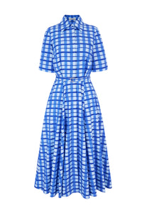 Rubie Dress In Blue Painted Gingham Cotton Poplin