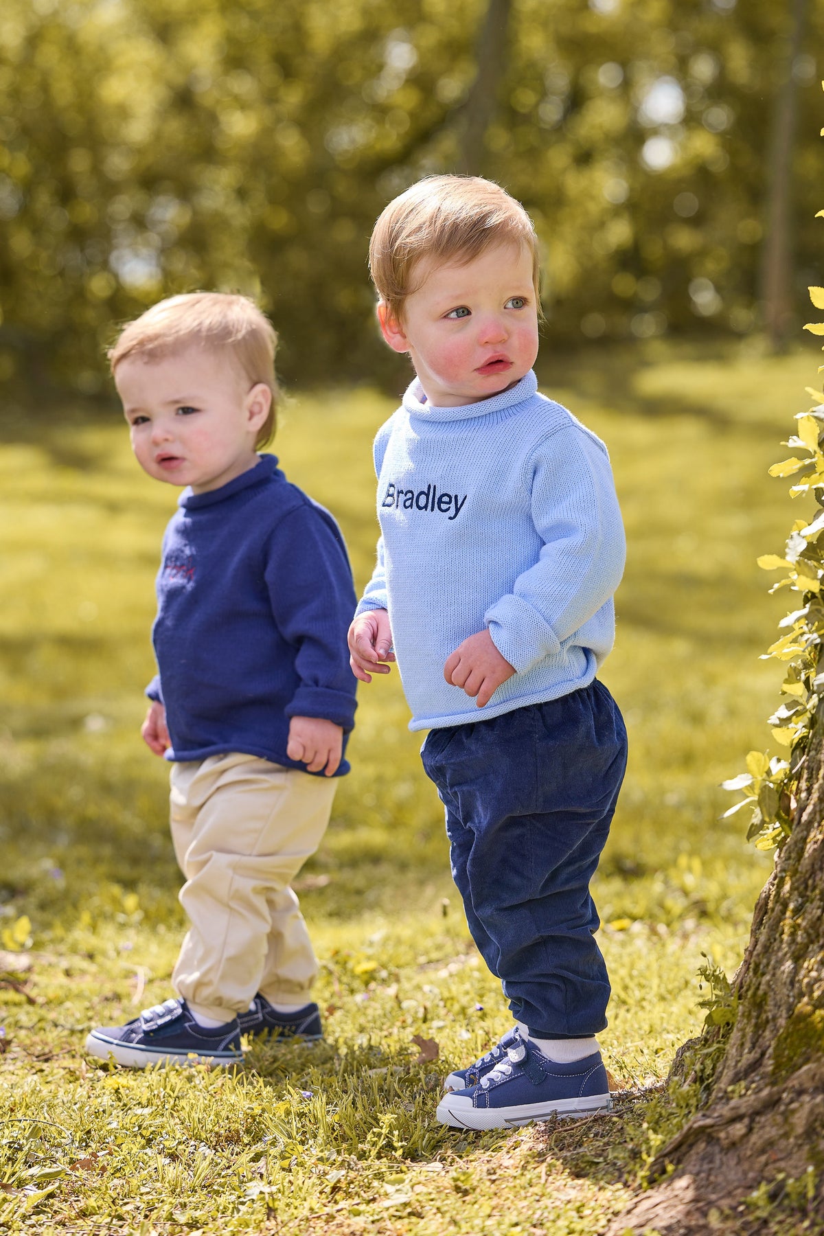 Little english classic children's clothing navy roll neck sweater, banded pant in pebble twill, light blue roll neck sweater, banded pant in navy, outfits for fall