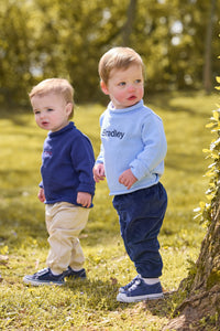 Little english classic children's clothing navy roll neck sweater, banded pant in pebble twill, light blue roll neck sweater, banded pant in navy, outfits for fall