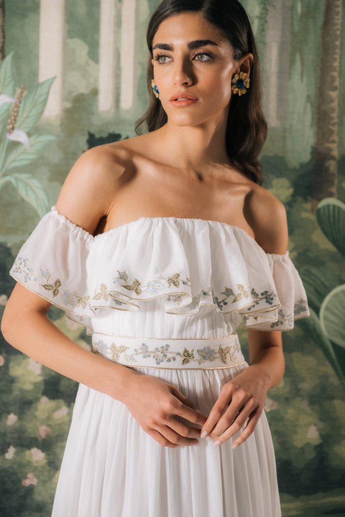 Ivy Ruffle Dress in White & Blue