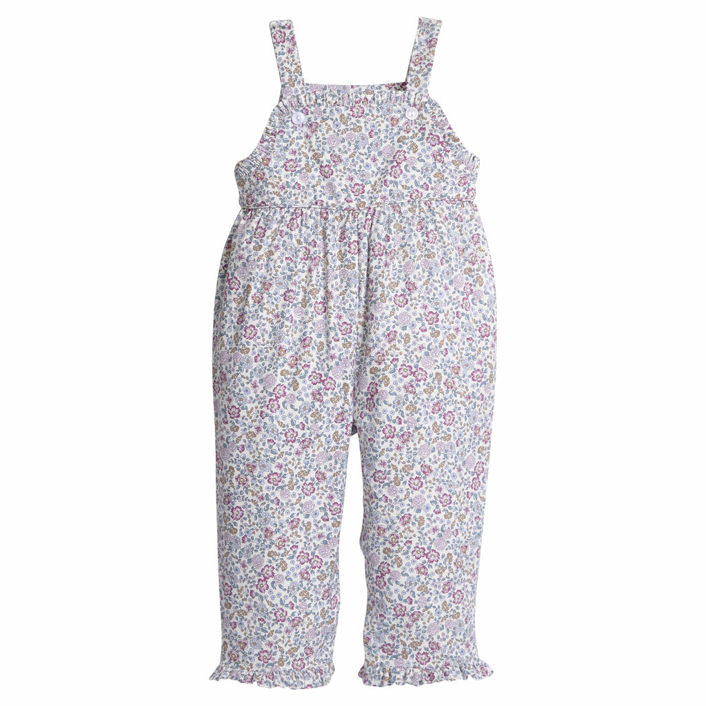 little english classic children's clothing girls lavender floral overall with ruffle bottom for fall