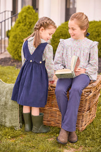 Little English classic outfits in lavender gables floral with navy button panel jumper and navy kick flare leggings, sister coordinating looks for fall