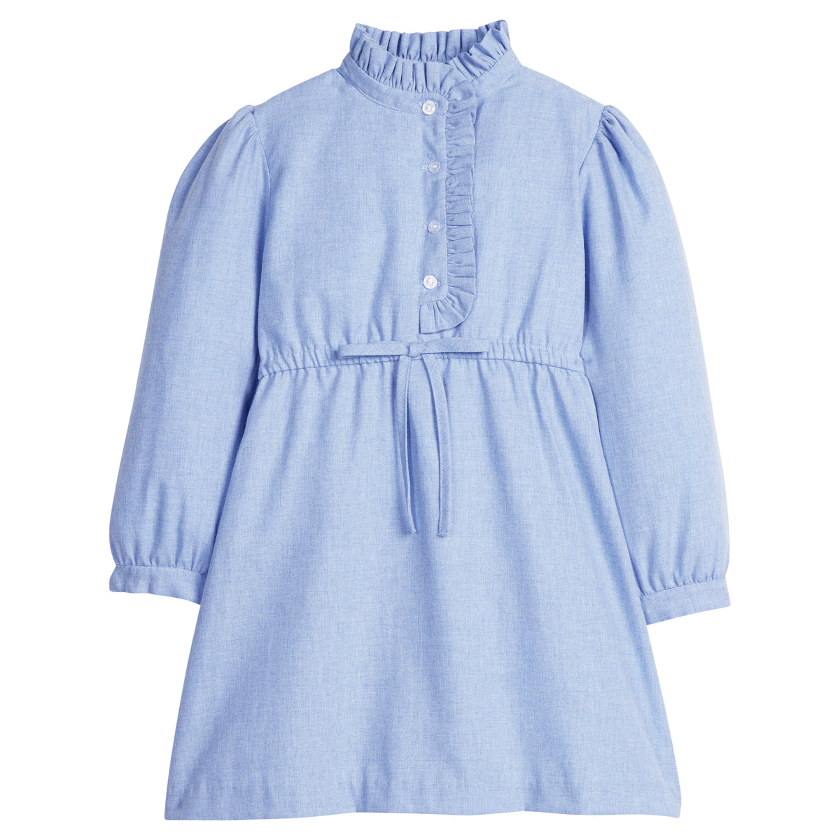 Little English classic dress for girls. Soft blue flannel-like shirt dress with ruffled collar and placket for Fall