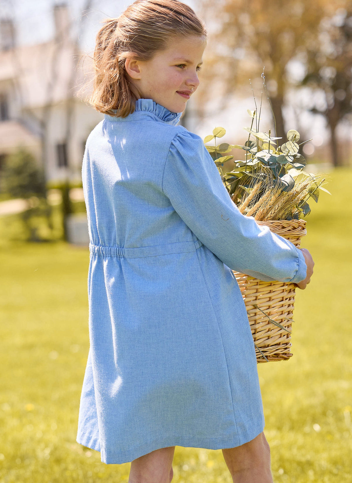 Little english classic children's clothing, blue alaskan flannel dress with ruffled collar, fall outfits for girl