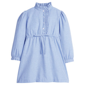 Little English classic dress for girls. Soft blue flannel-like shirt dress with ruffled collar and placket for Fall