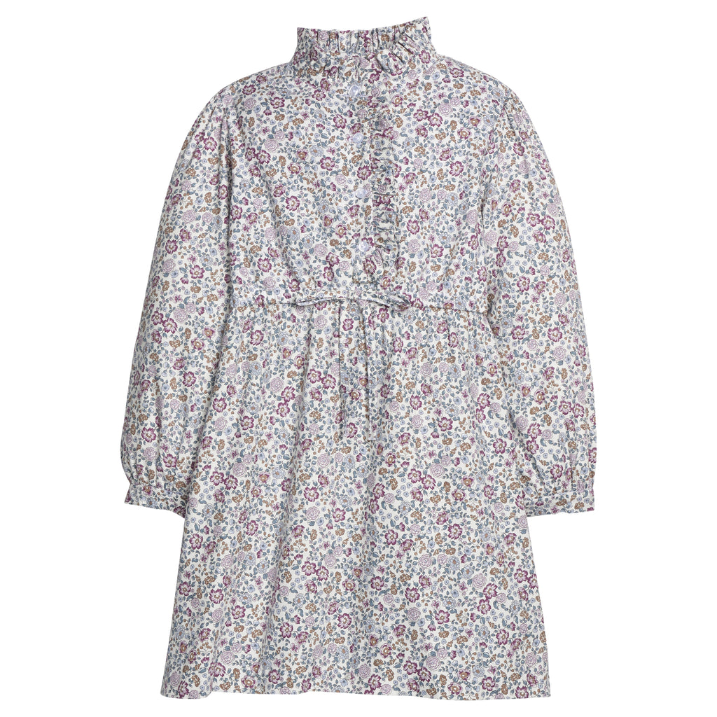 Little English classic dress for girls. Soft blue flannel-like shirt dress with ruffled collar  and placket for Fall