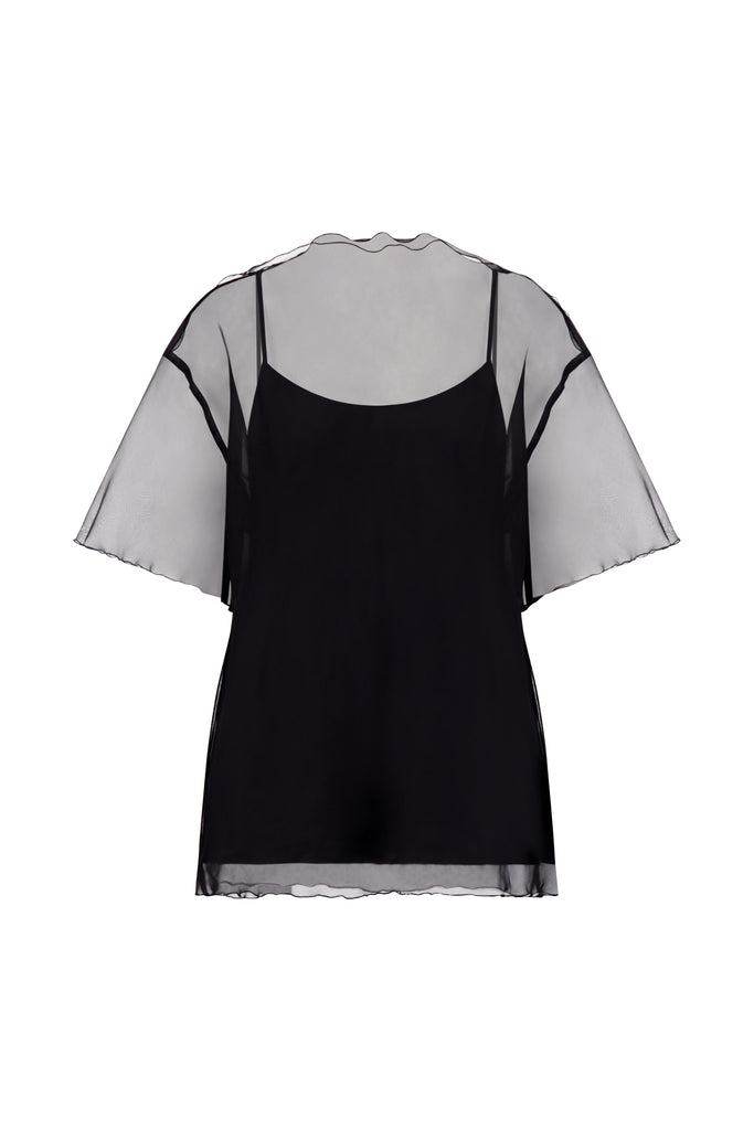 Silk Organza T-Shirt with Scalloped Edge in Black