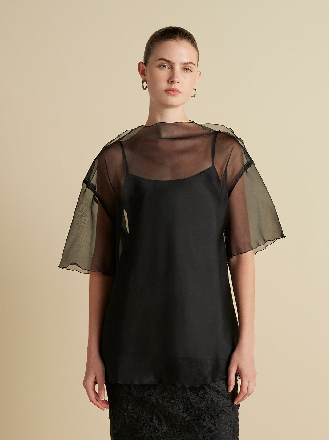 Silk Organza T-Shirt with Scalloped Edge in Black