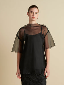 Silk Organza T-Shirt with Scalloped Edge in Black