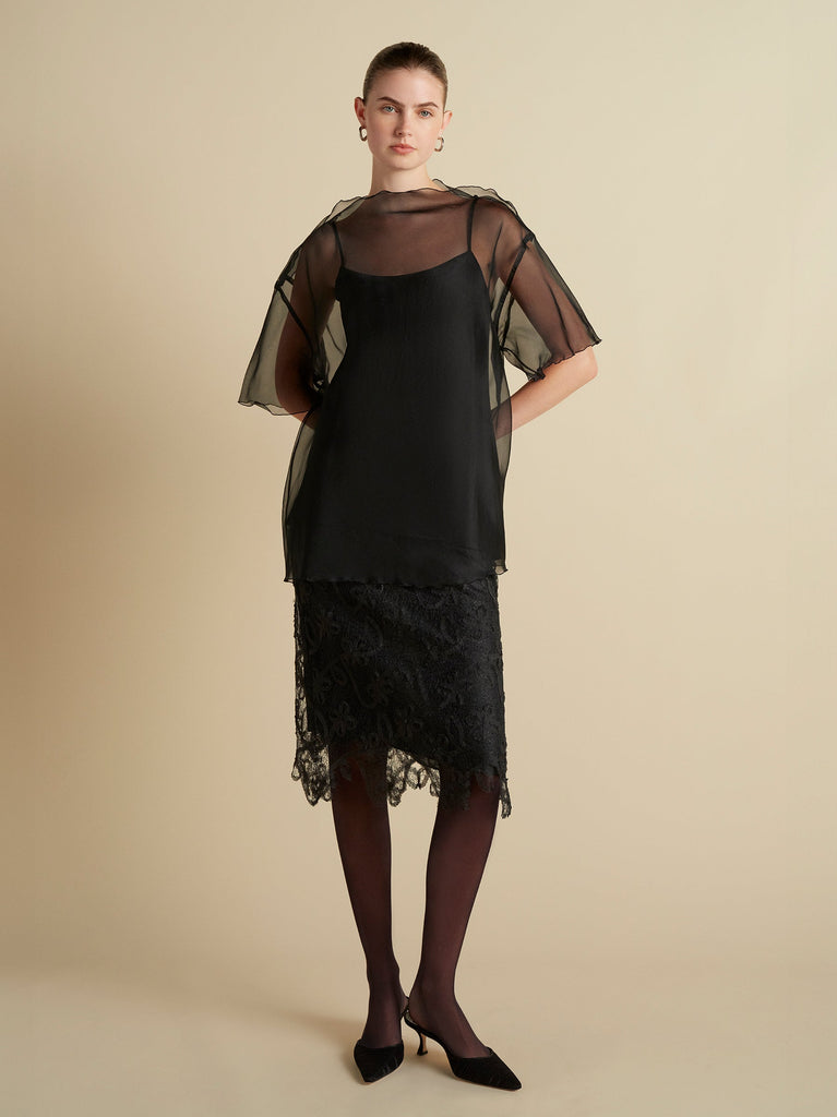 Silk Organza T-Shirt with Scalloped Edge in Black