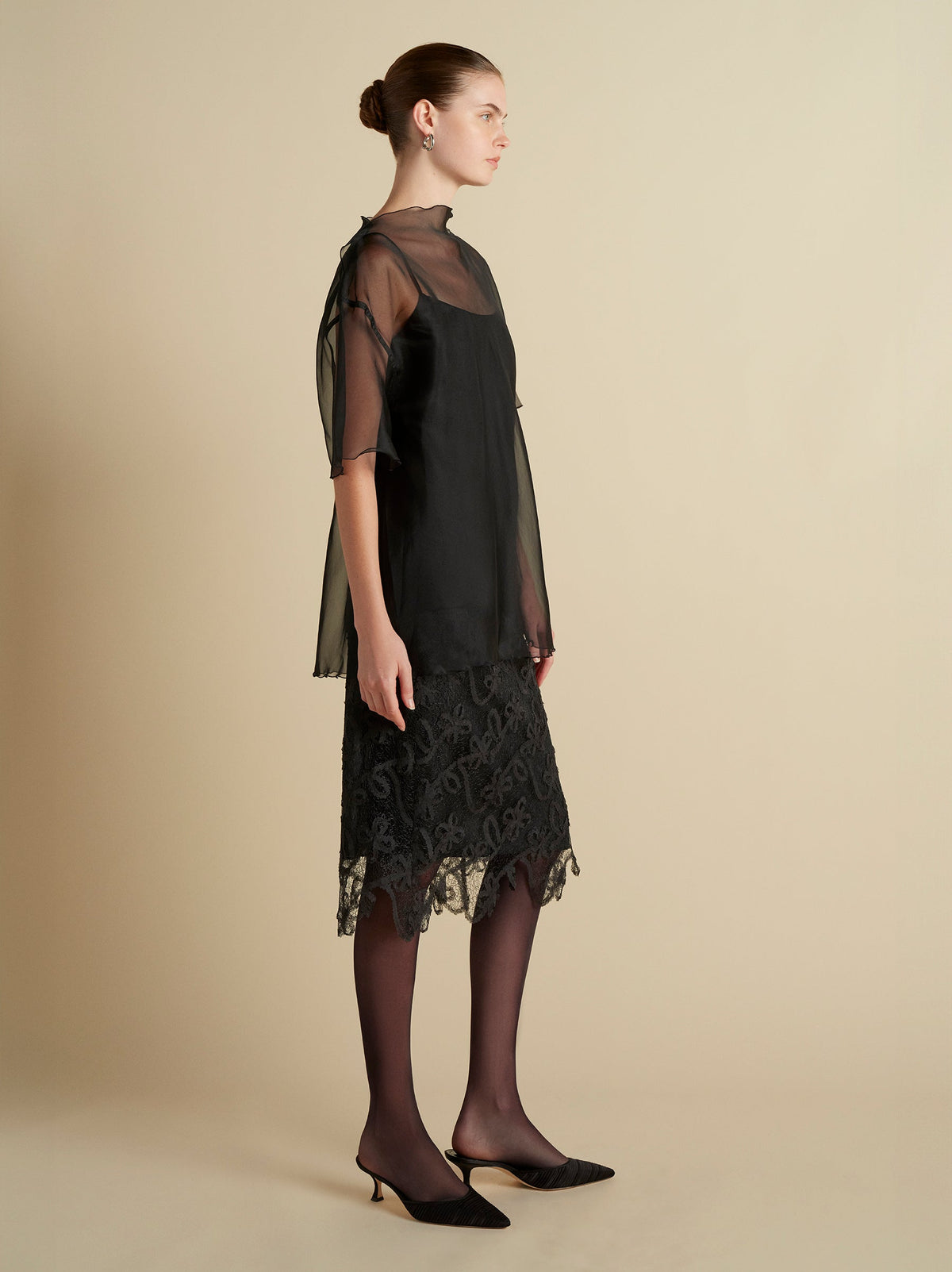 Silk Organza T-Shirt with Scalloped Edge in Black