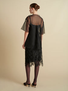 Silk Organza T-Shirt with Scalloped Edge in Black