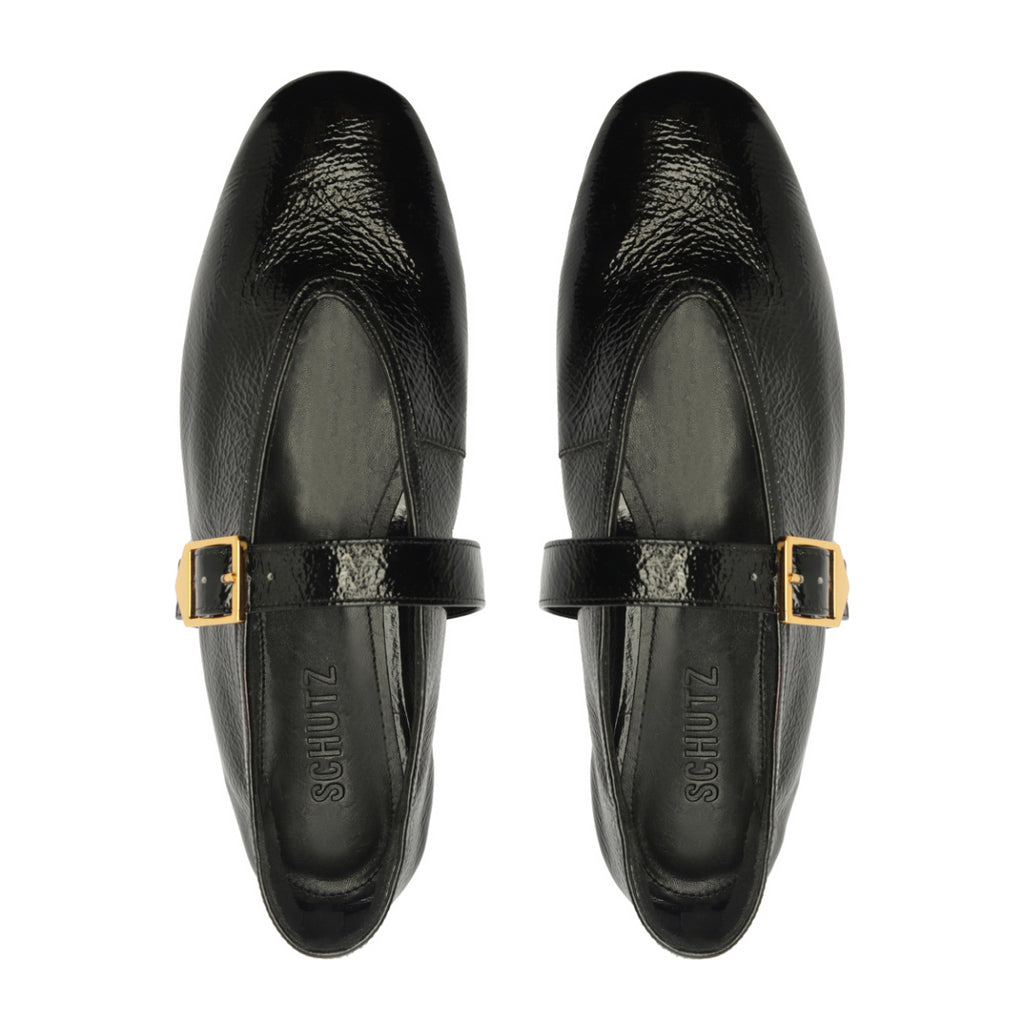 Courtney Buckle Patent Flat in Black
