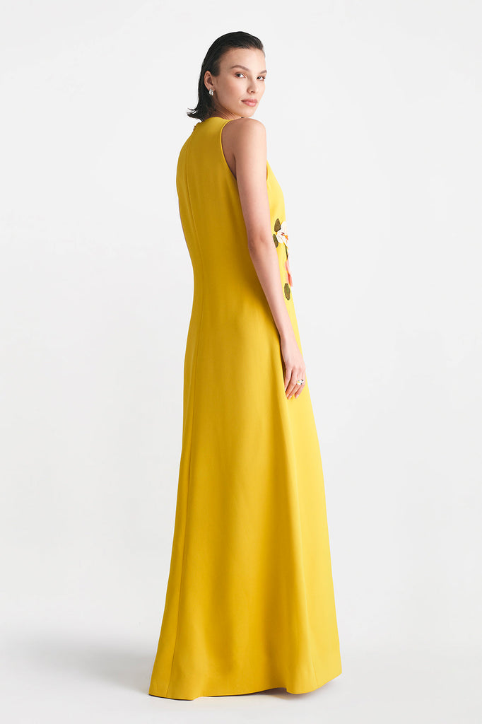 Fluid Crepe Floral Embroidery Francie Gown in Mustard Multi