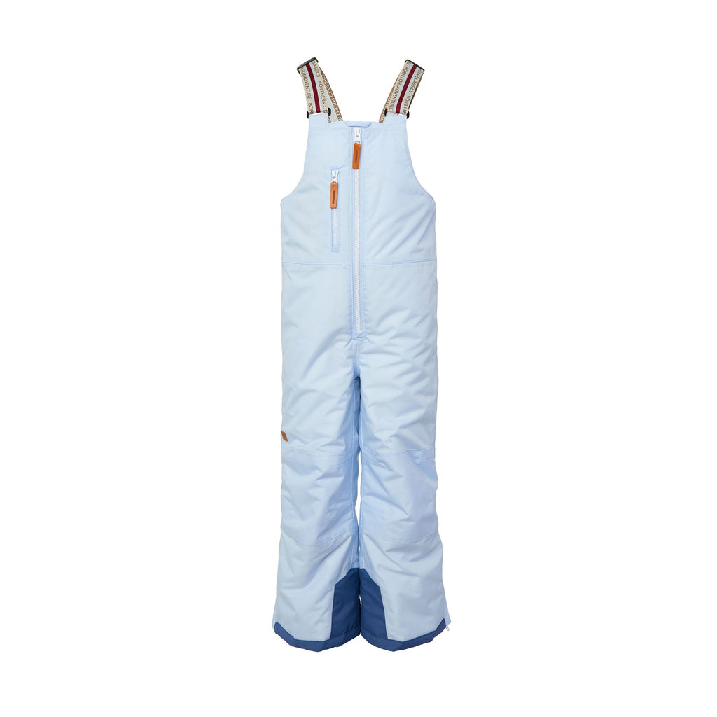 Kids light blue snow bib pants with adjustable straps, waterproof fabric, and reinforced knees for winter play and ski
