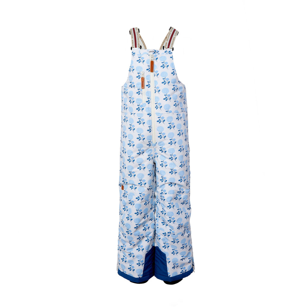 Kids blue floral snow bib pants with adjustable straps, waterproof fabric, and reinforced knees for winter play and ski for girls