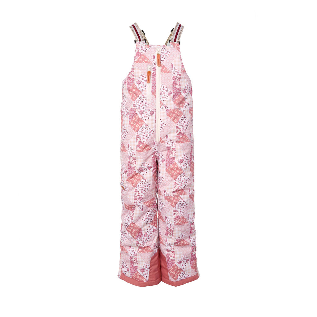 Kids light pink patchwork snow bib pants with adjustable straps, waterproof fabric, and reinforced knees for winter play and ski for girls
