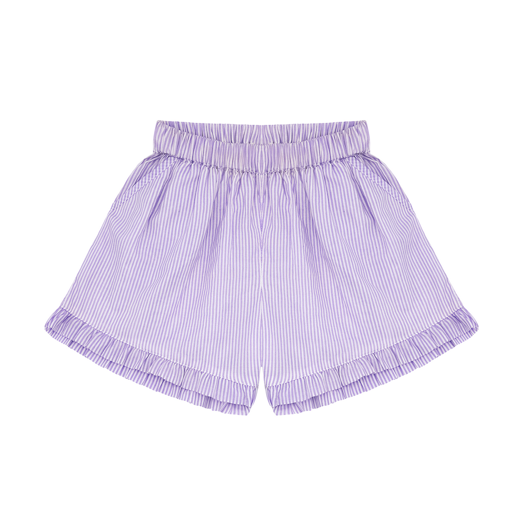 Girls Lavender Stripe Ruffle Shorts