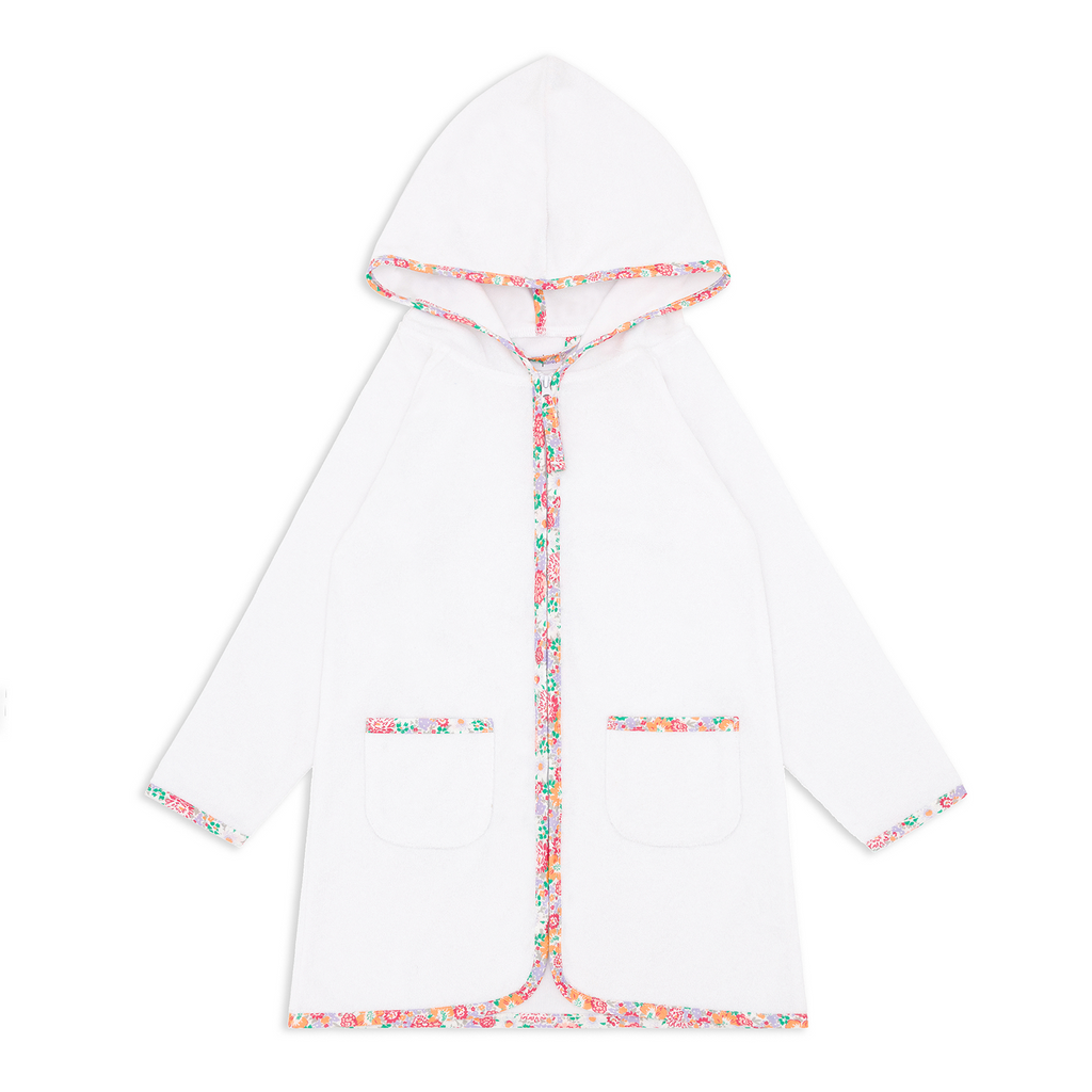 Unisex White French Terry Hooded Zipper Coverup With Island Blossom Trim