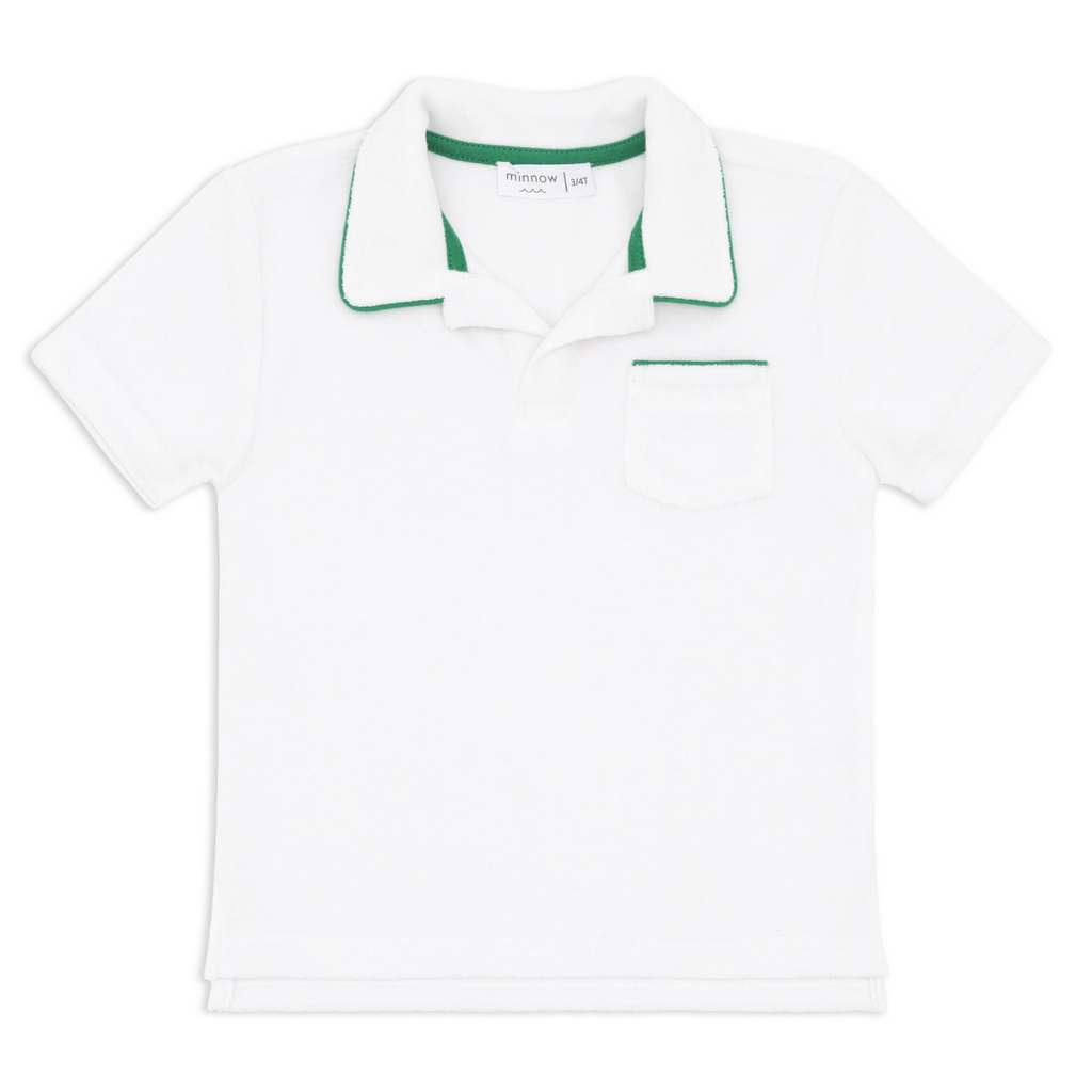 Boys White French Terry Polo With Bermuda Green Trim