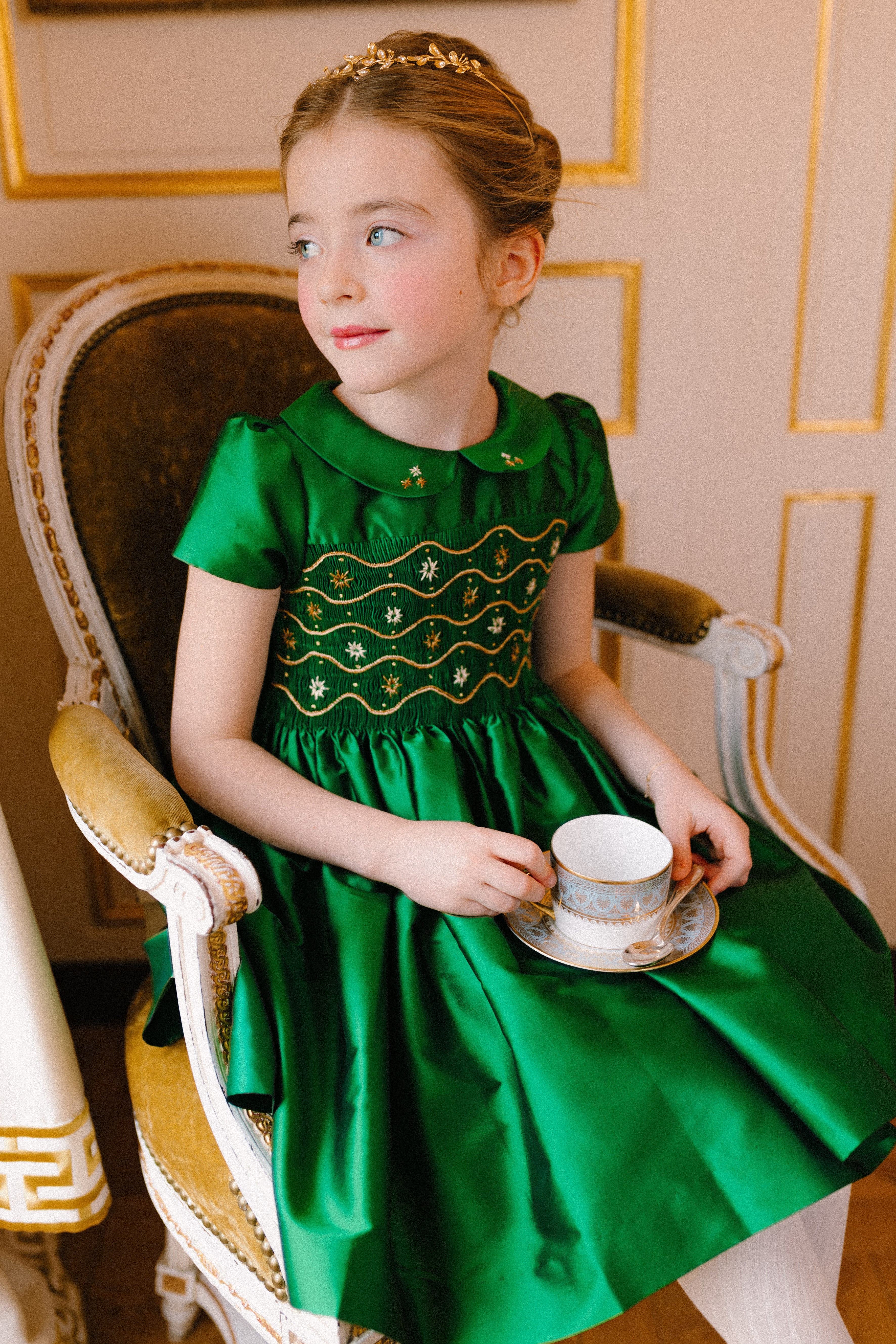 Stella Green Silk Short Sleeve Smocked Dress